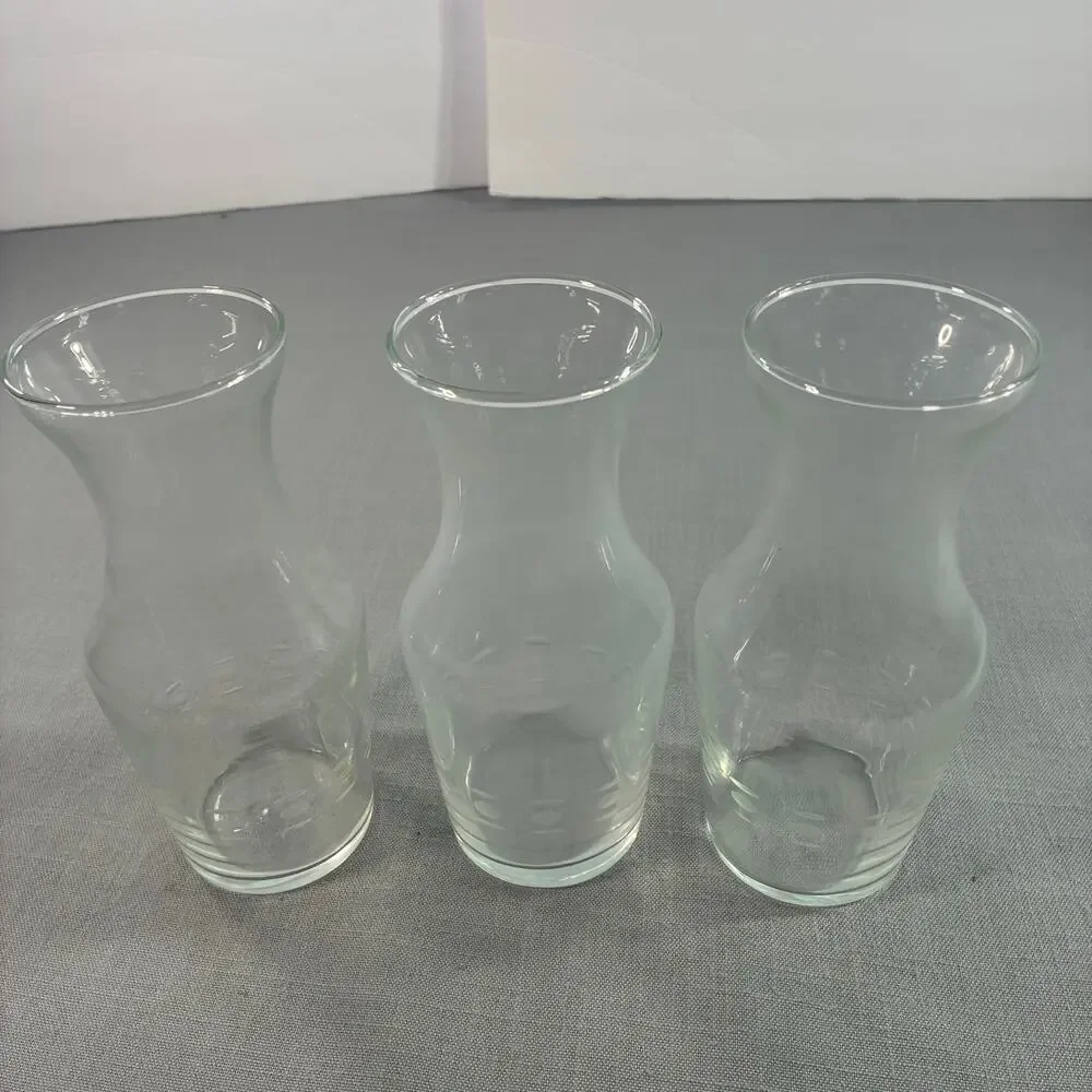 Vintage Clear Glass Juice Carafes Set of 3 Etched Dot Breakfast Bottles 7 Inch